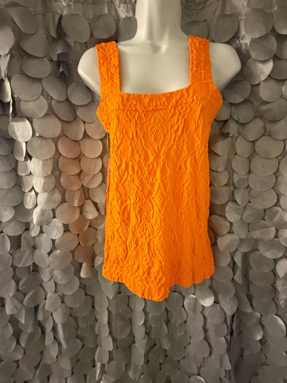 Textured Orange Square-Neck Tank Top